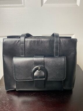 Structured Black Shoulder Bag with Front Buckle Pocket